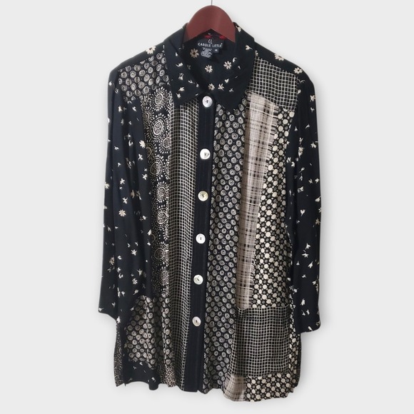 Carole Little Tops - VTG Carole Little Mixed Print Patchwork Button Front Tunic Blouse Black White 14